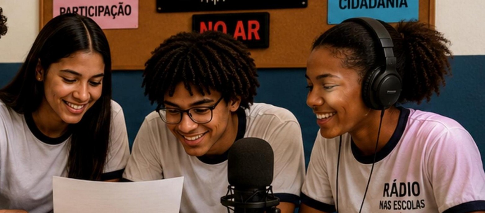 Estudantes produzindo conteúdo no projeto Rádio nas Escolas